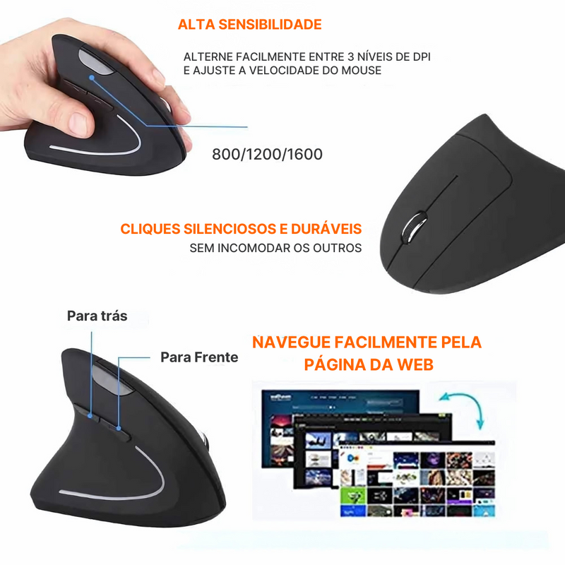 Mouse Ergonômico Vertical Sem Fio com 6 Botões