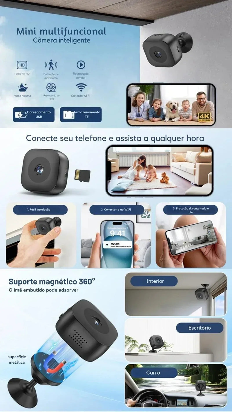 Mini Câmera de Segurança 4K WiFi - Alta tecnologia com Visão Noturna e Sensor de Presença - GR Store